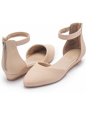Women's Closed Toe Flat Nude Shoes with Low Wedge Heel Ankle Strap Pointed Toe
